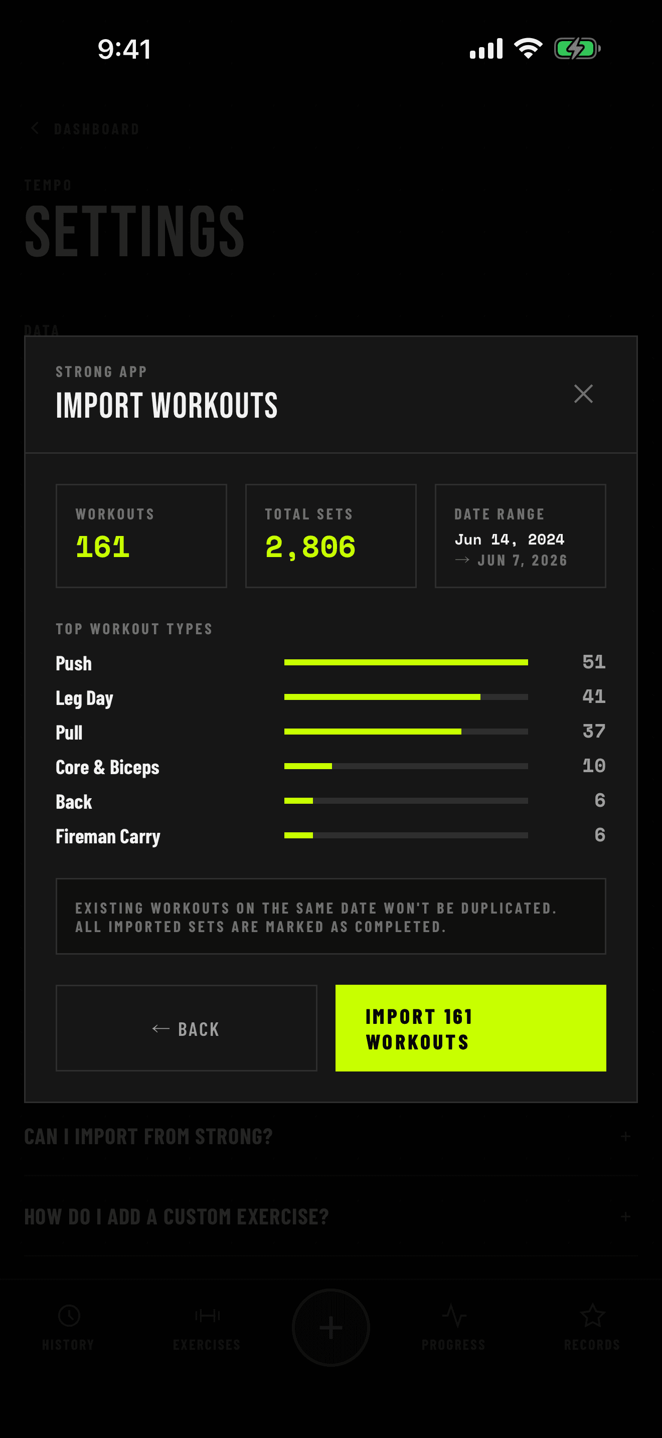 Import from Strong preview — 161 workouts, 2,806 sets